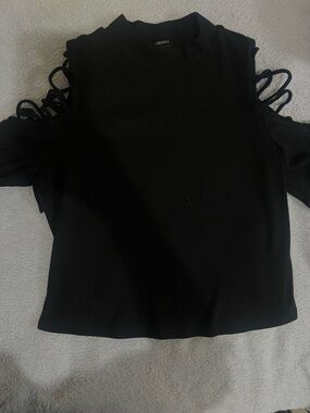 Forever 21 Black Ribbed Cold-Shoulder Top with Strappy Sleeve Detail